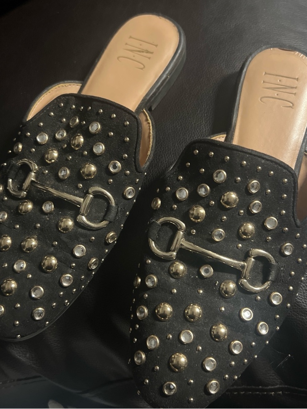 INC International Concepts Black Studded Slip-On Loafers with Horsebit Accent